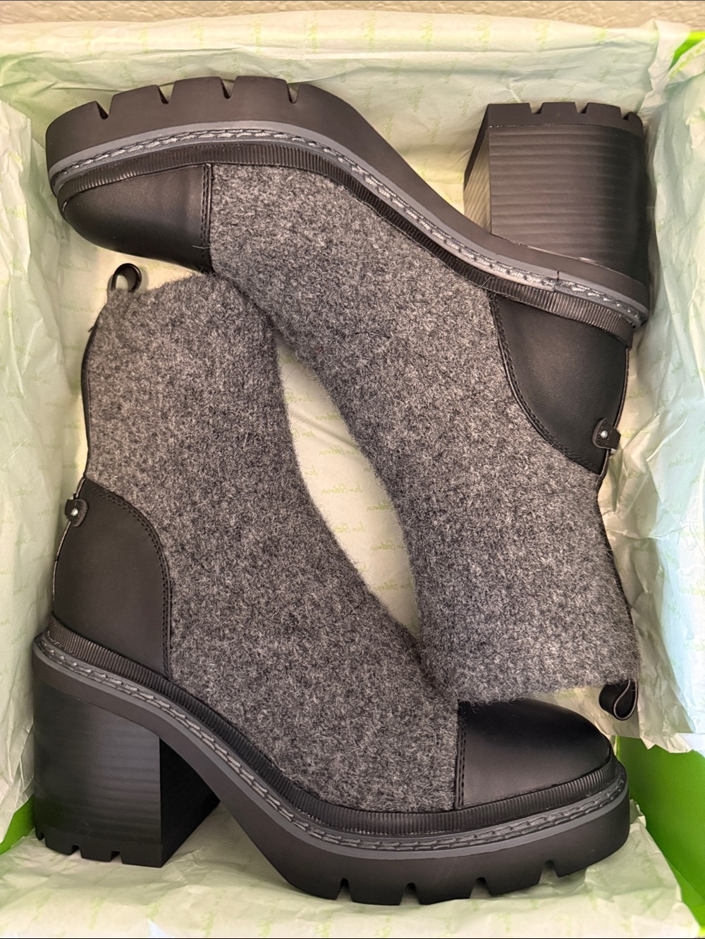 Sam Edelman - Rozanna Boots Grey Wool & Black Leather Lug Sole Block Heel Boots